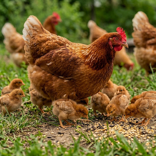 Gallina ponedora roja con sus pollitos y huevos